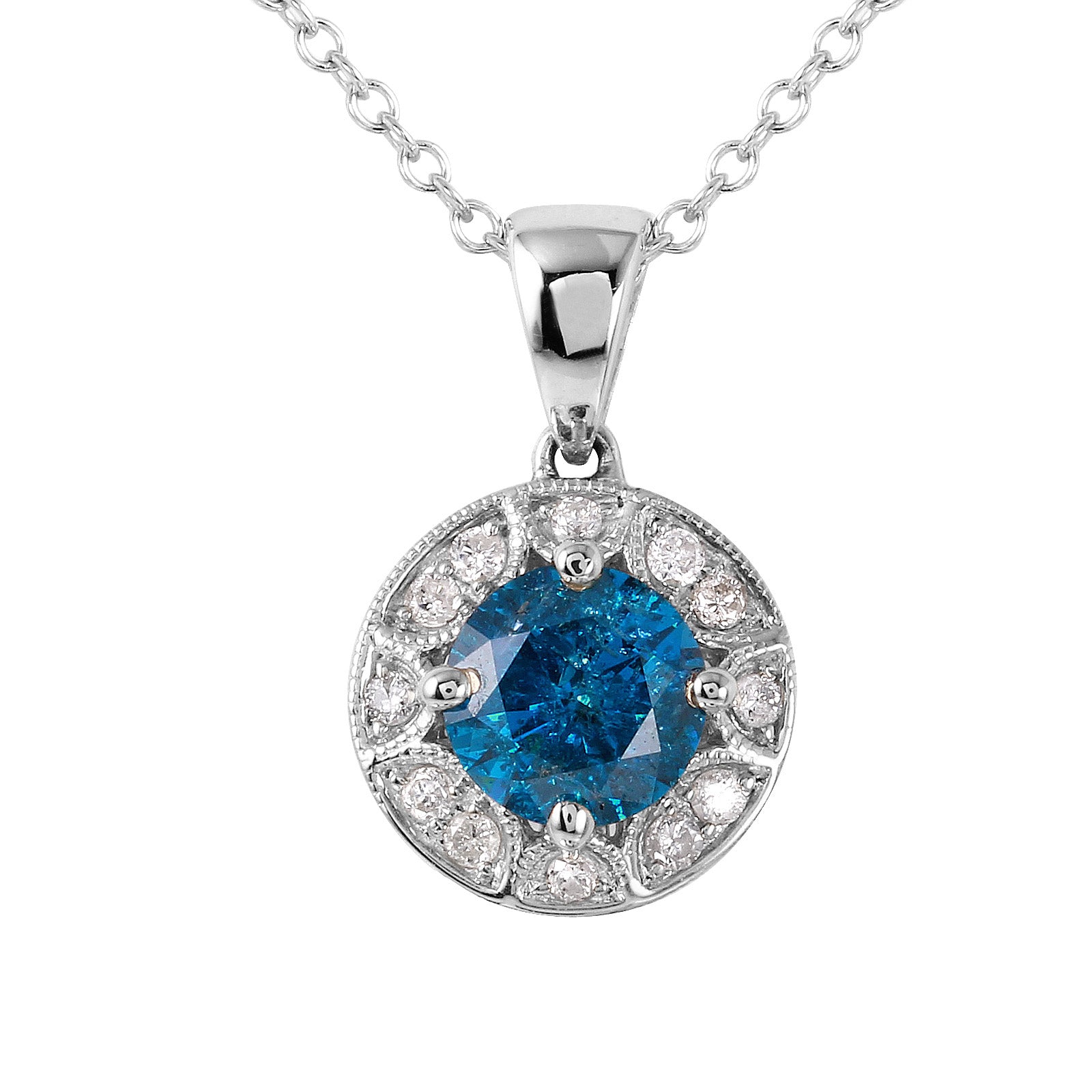 14KT White Gold 1.31ctw Blue Diamond & Brilliant Cut Diamonds Pendant Chain Length 16 In.