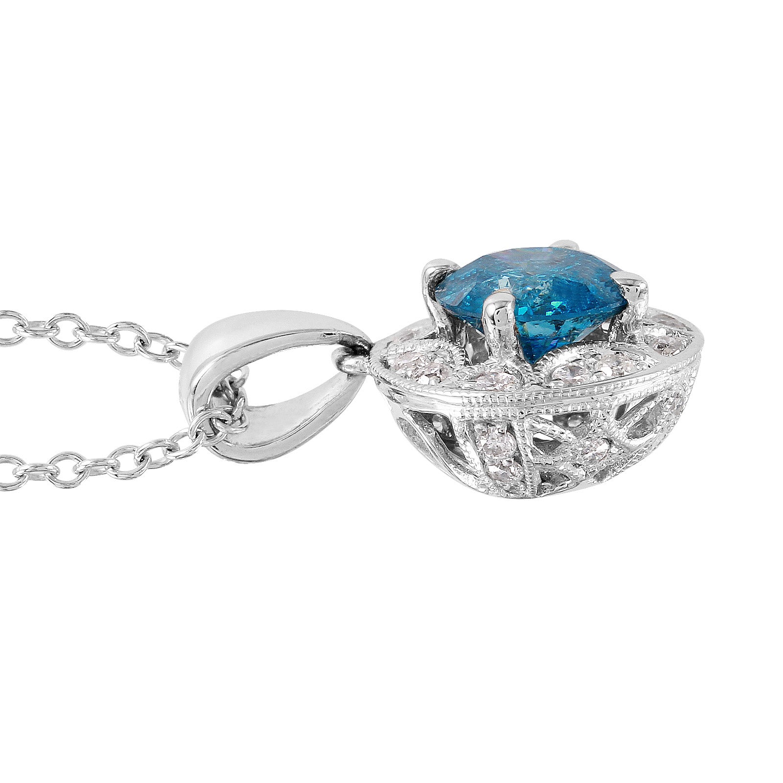 14KT White Gold 1.31ctw Blue Diamond & Brilliant Cut Diamonds Pendant Chain Length 16 In.