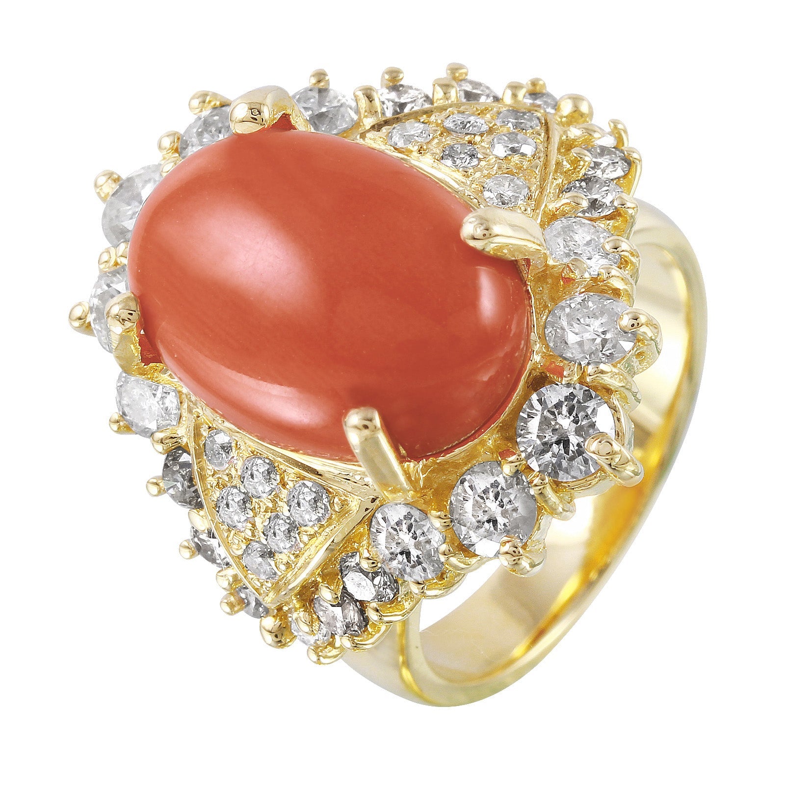 14KT Yellow Gold 10.36ctw Coral Diamond Cocktail Ring Size 6.75