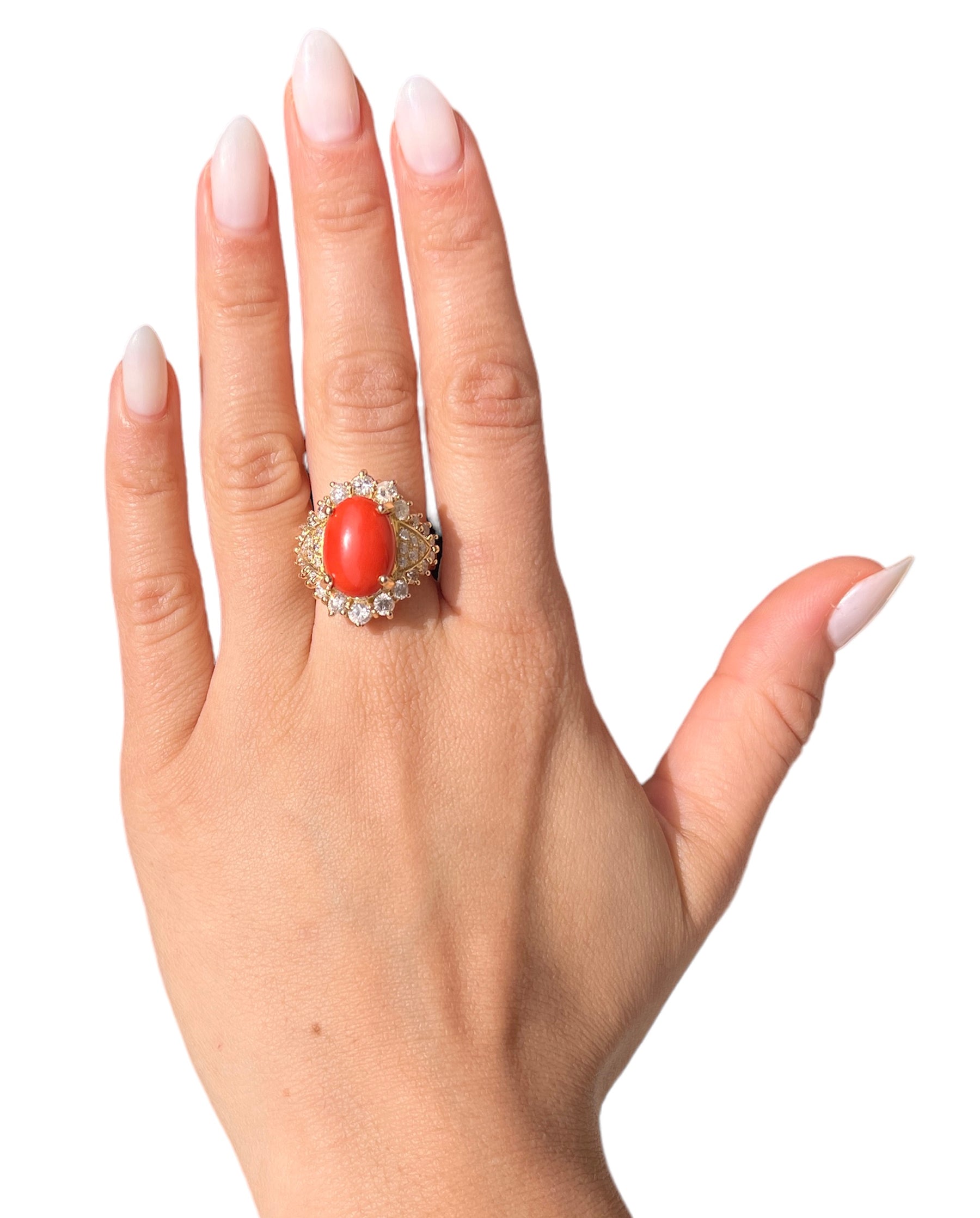 14KT Yellow Gold 10.36ctw Coral Diamond Cocktail Ring Size 6.75