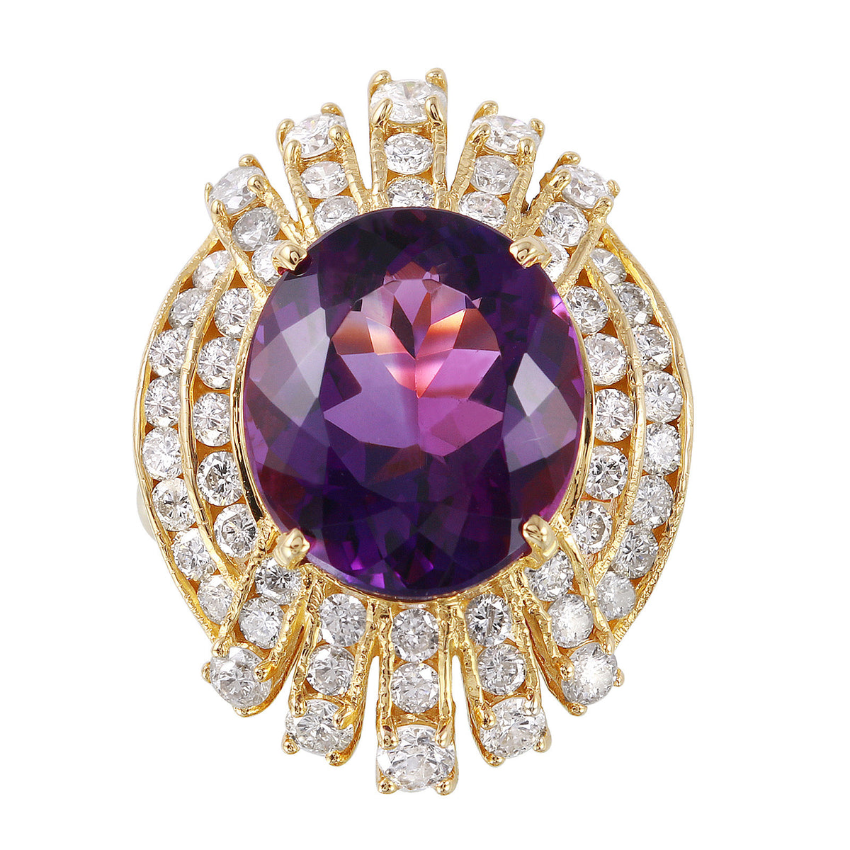 14KT Yellow Gold 9.45ctw Amethyst Diamond Cocktail Ring Size 6.5