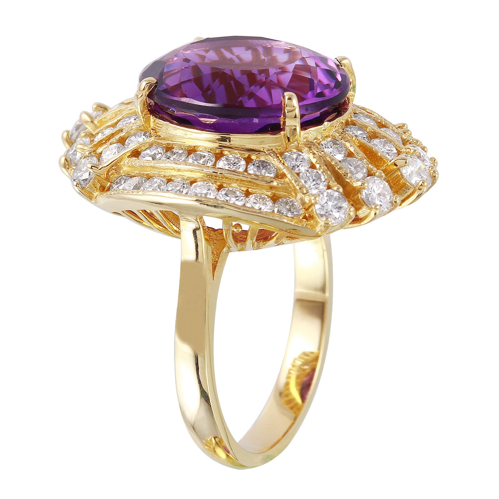 14KT Yellow Gold 9.45ctw Amethyst Diamond Cocktail Ring Size 6.5