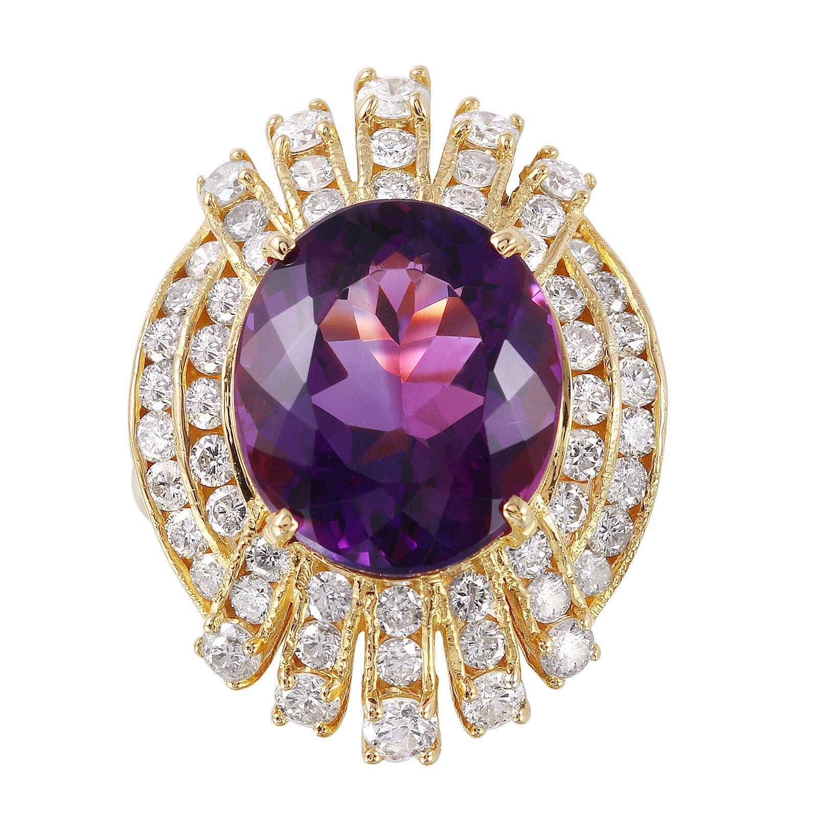 14KT Yellow Gold 9.45ctw Amethyst Diamond Cocktail Ring Size 6.5