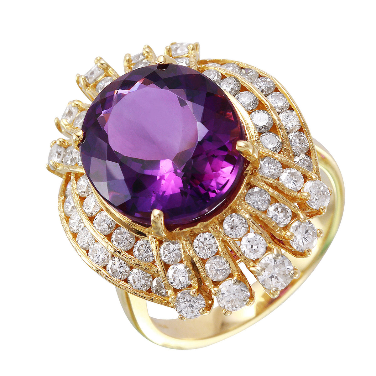 14KT Yellow Gold 9.45ctw Amethyst Diamond Cocktail Ring Size 6.5