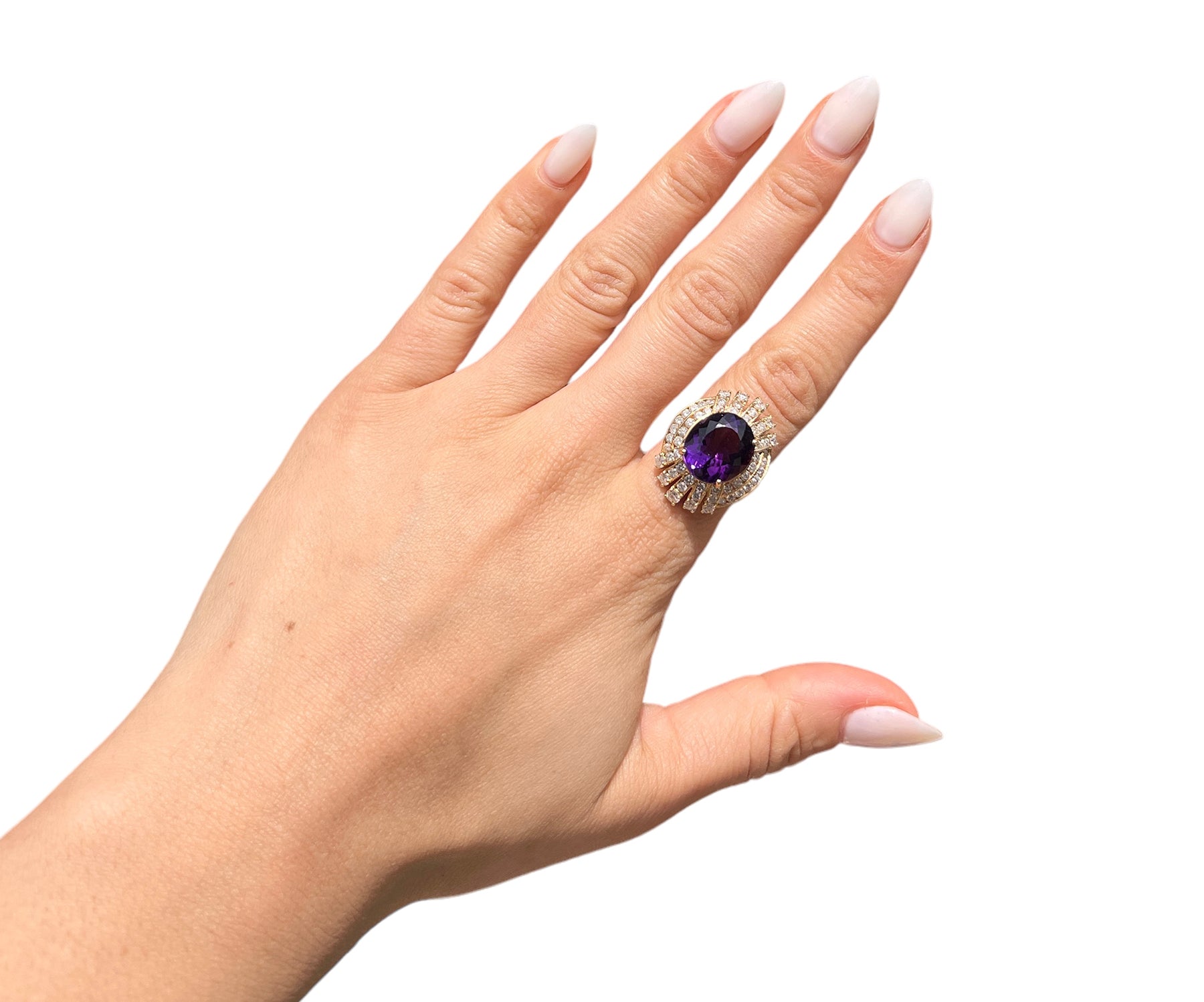 14KT Yellow Gold 9.45ctw Amethyst Diamond Cocktail Ring Size 6.5