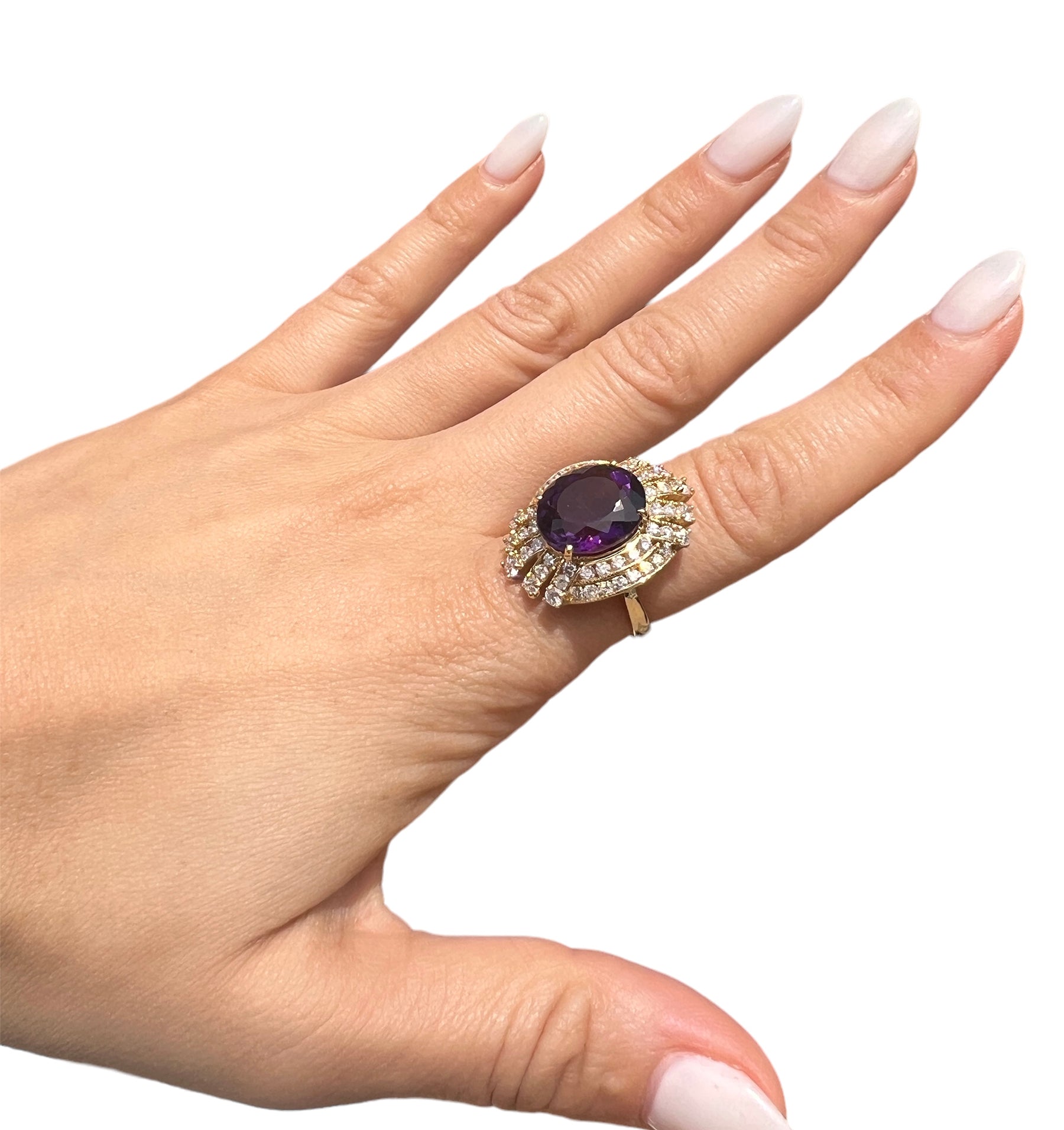 14KT Yellow Gold 9.45ctw Amethyst Diamond Cocktail Ring Size 6.5