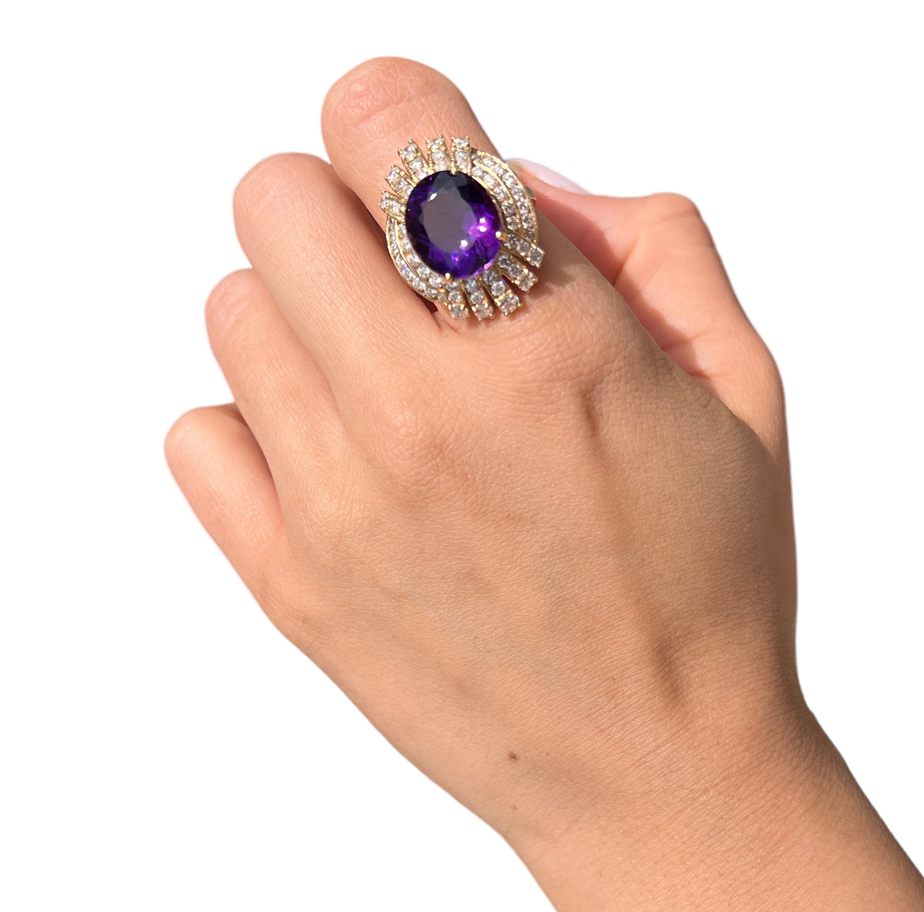14KT Yellow Gold 9.45ctw Amethyst Diamond Cocktail Ring Size 6.5