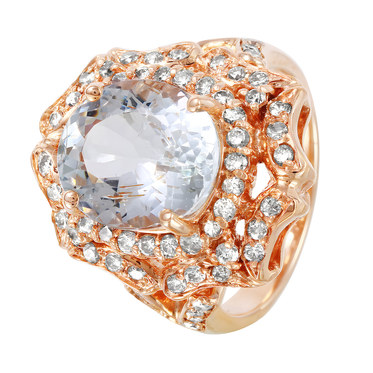 14KT Rose Gold 5.13ctw Aquamarine Diamond Cocktail Ring Size 7