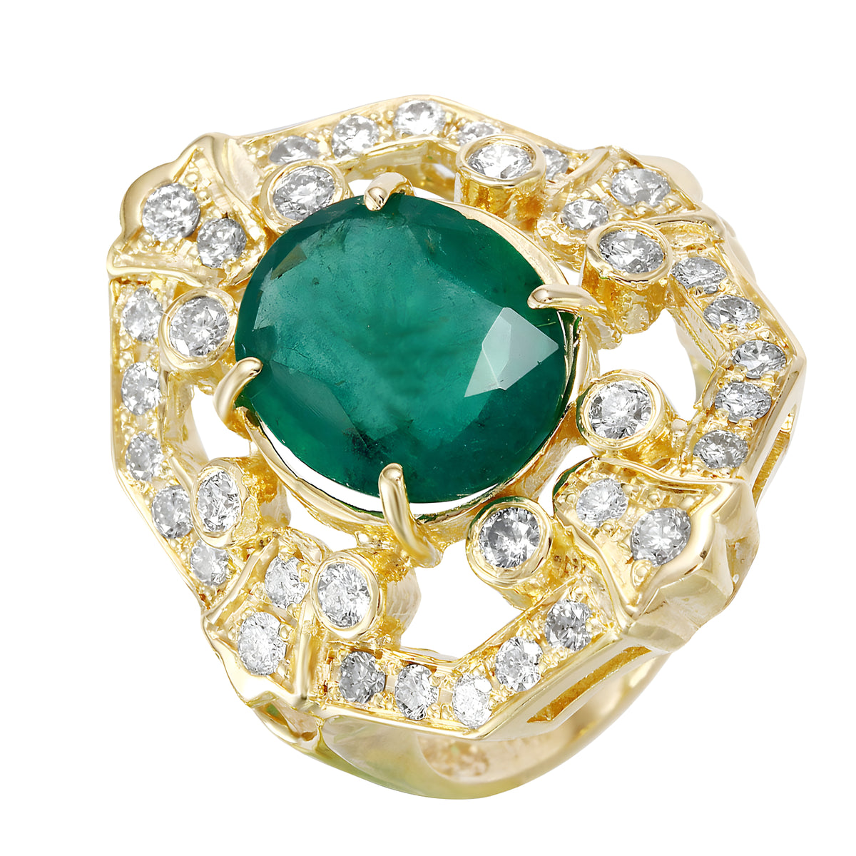 14KT Yellow Gold 4.58ctw Emerald Diamond Cocktail Ring Size 7
