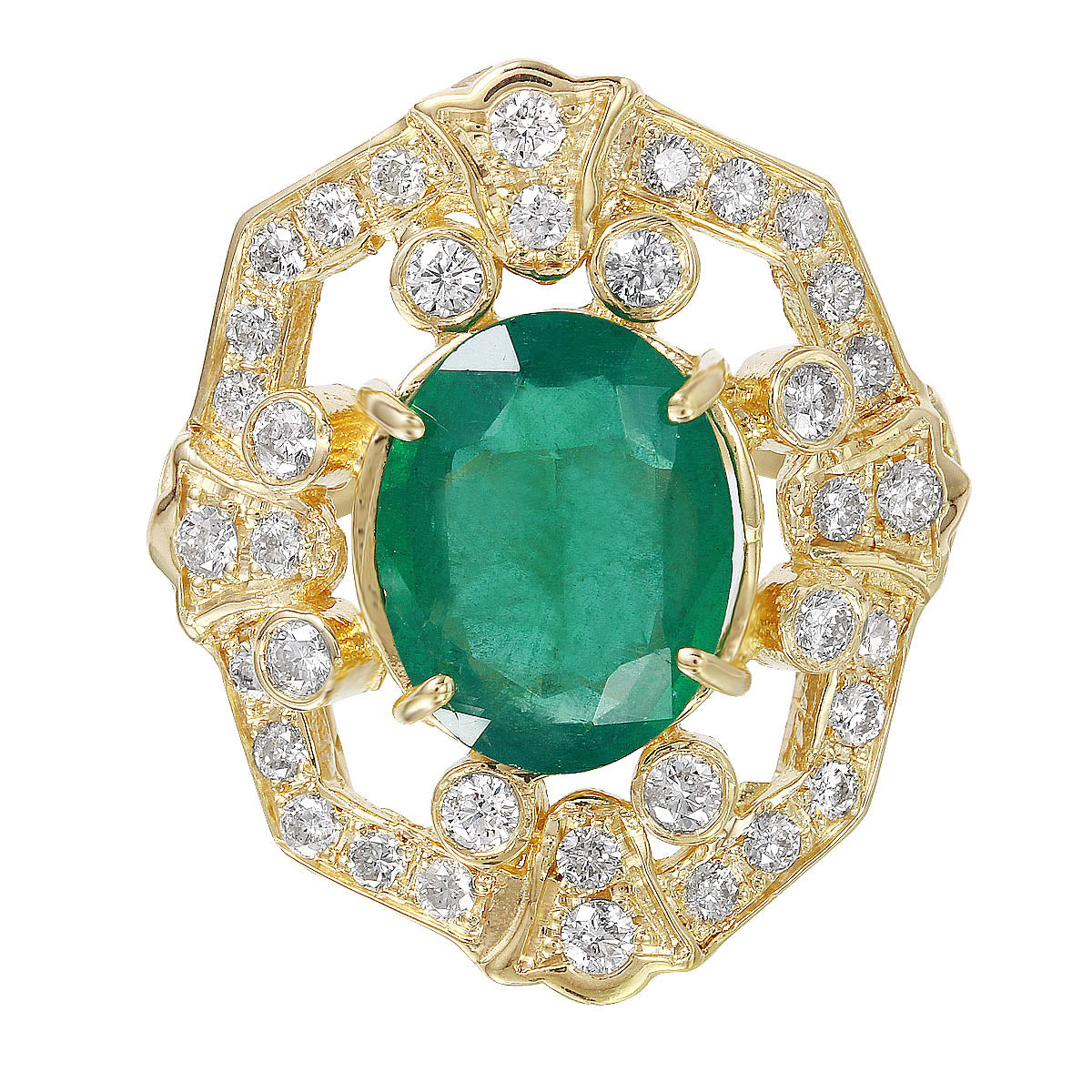 14KT Yellow Gold 4.58ctw Emerald Diamond Cocktail Ring Size 7