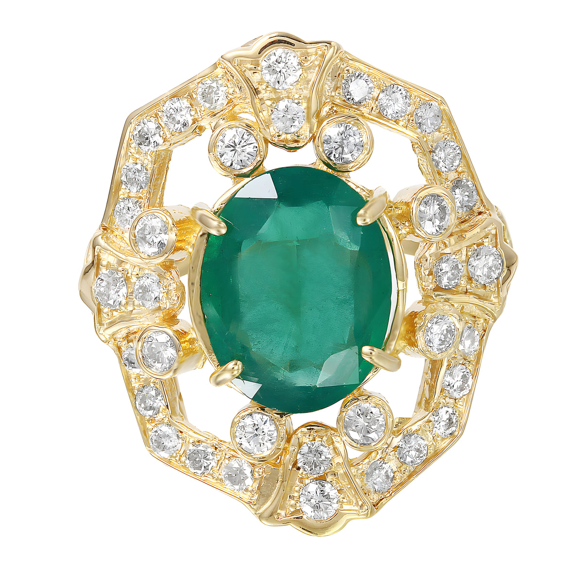 14KT Yellow Gold 4.58ctw Emerald Diamond Cocktail Ring Size 7