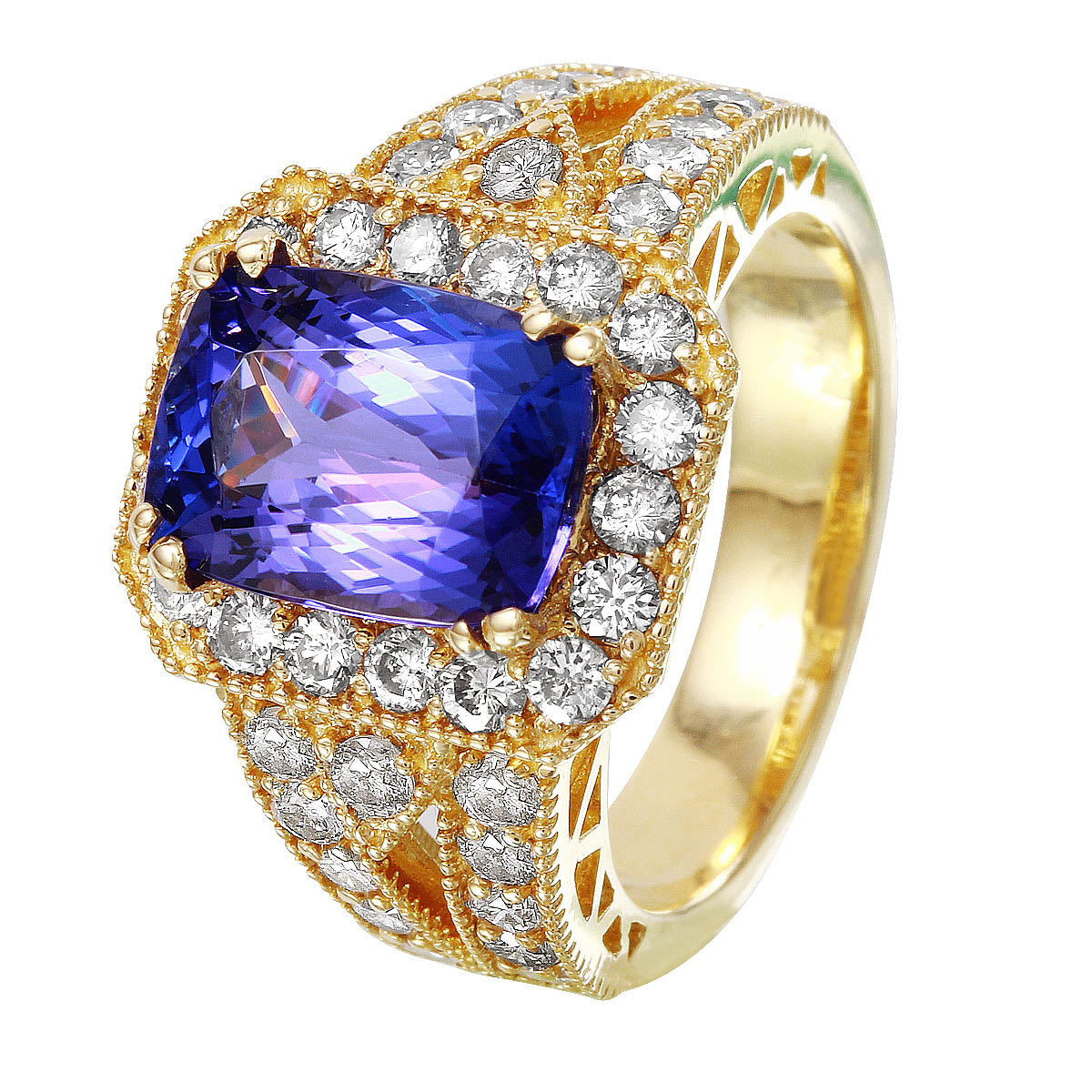14KT Yellow Gold 5.15ctw Tanzanite Diamond Cocktail Ring Size 6.5