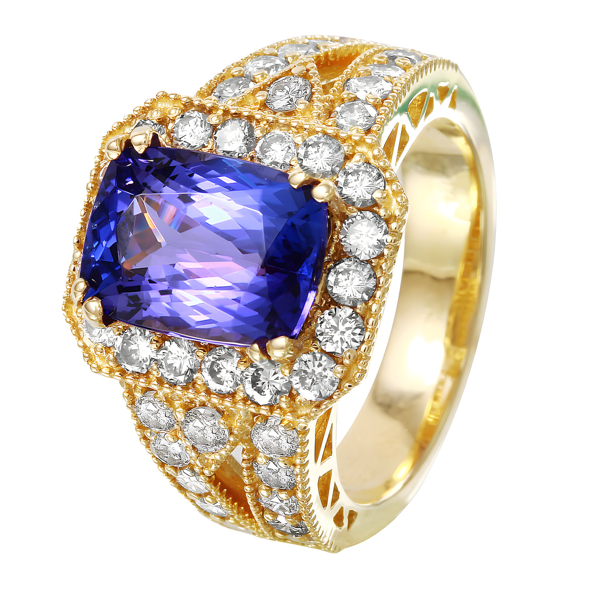 14KT Yellow Gold 5.15ctw Purple Tanzanite Diamond Cocktail Ring Size 6