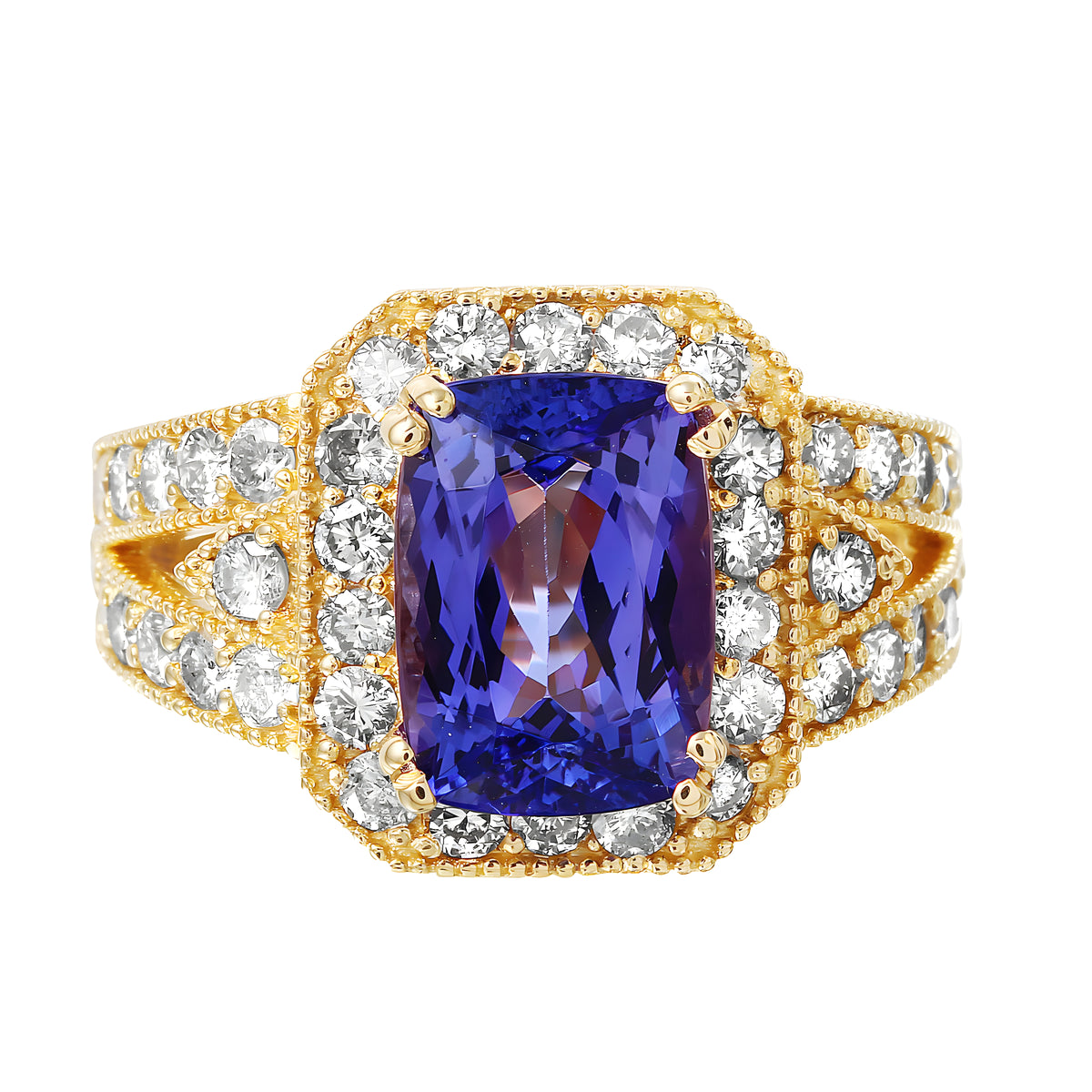 14KT Yellow Gold 5.15ctw Purple Tanzanite Diamond Cocktail Ring Size 6