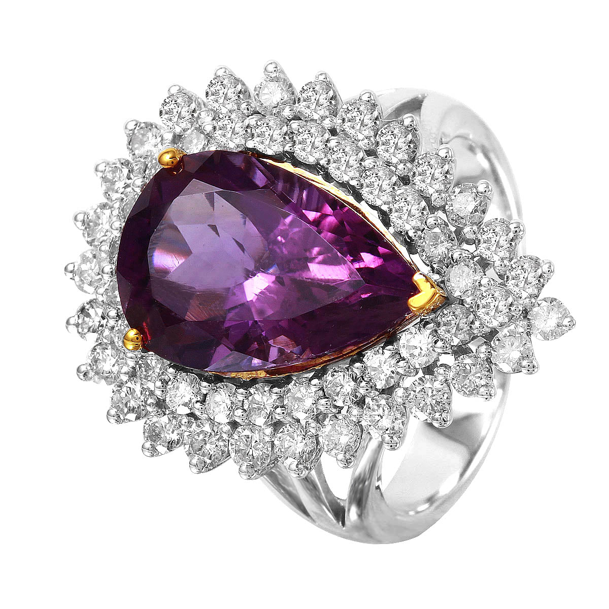 14KT Two Tone Gold Amethyst Diamond Cocktail Ring Size 7