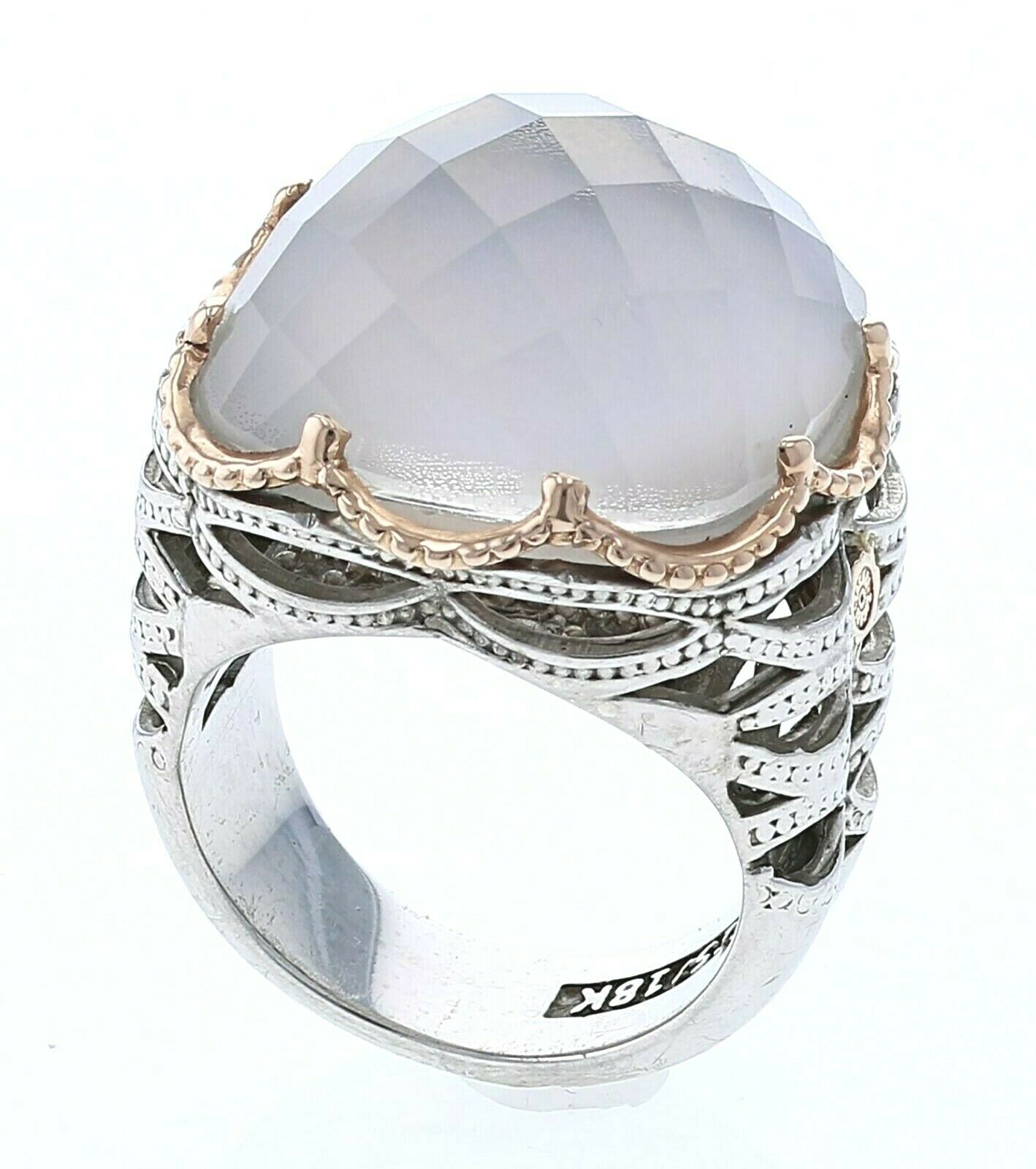 Bold Woven Crescent Ring featuring Chalcedony With A Rose Gold Rim Design