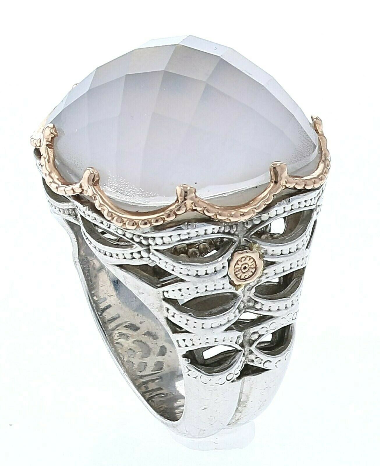 Bold Woven Crescent Ring featuring Chalcedony With A Rose Gold Rim Design