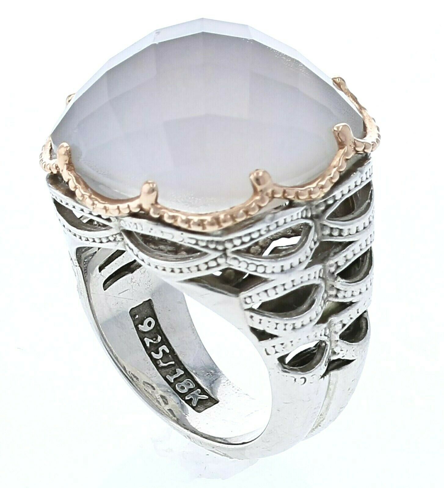 Bold Woven Crescent Ring featuring Chalcedony With A Rose Gold Rim Design