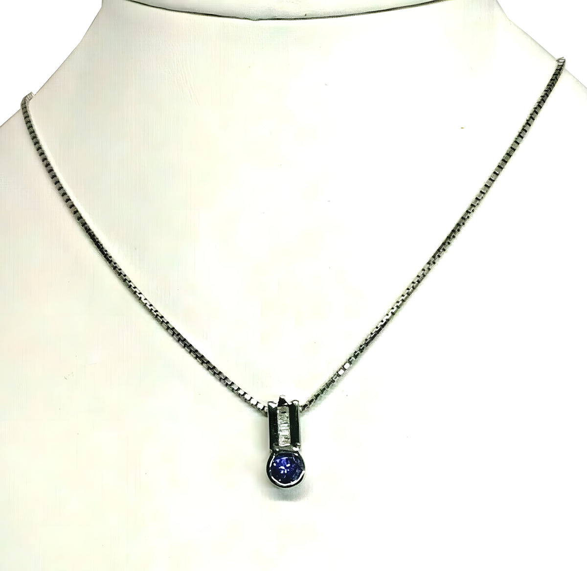 14kt white gold Tanzanite and Diamond Pendant & Chain