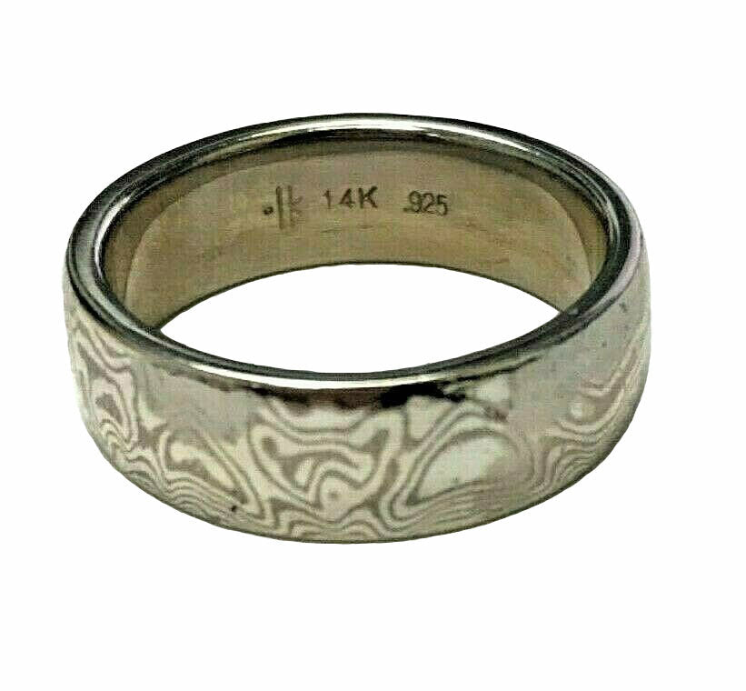 Sterling & 14kt Gold Men's Wedding Band w/ Laser Carved Wood Grain Pattern sz9.5