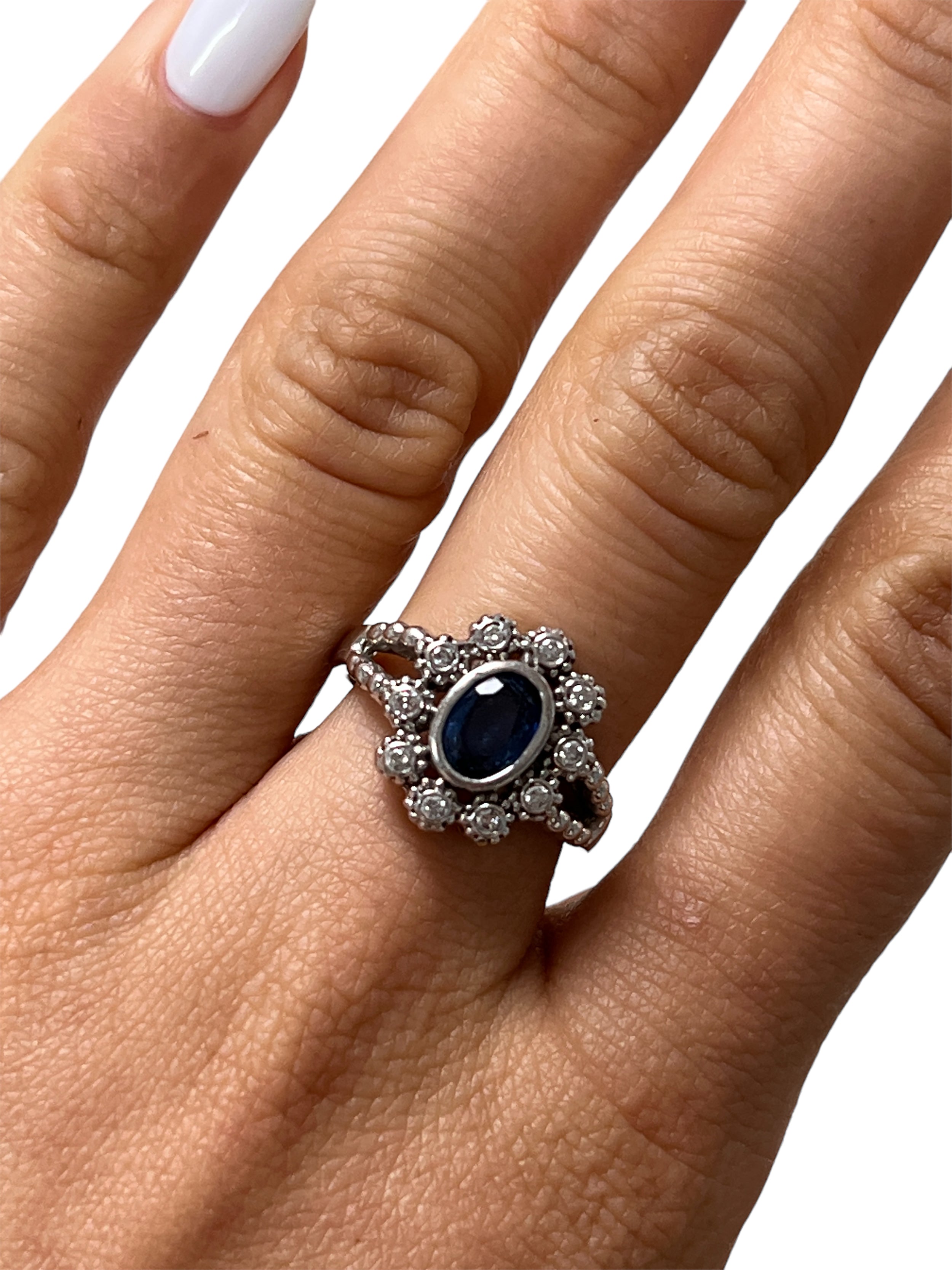 14kt White Gold Sapphire & Diamond Art Deco Ring