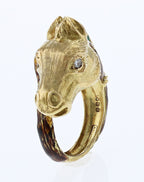 18kt Yellow Gold Custom Made Enamel Horse Head Ring With Diamond Eyes