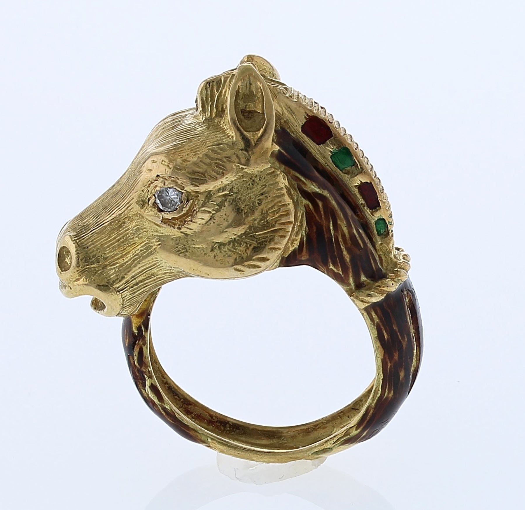 18kt Yellow Gold Custom Made Enamel Horse Head Ring With Diamond Eyes