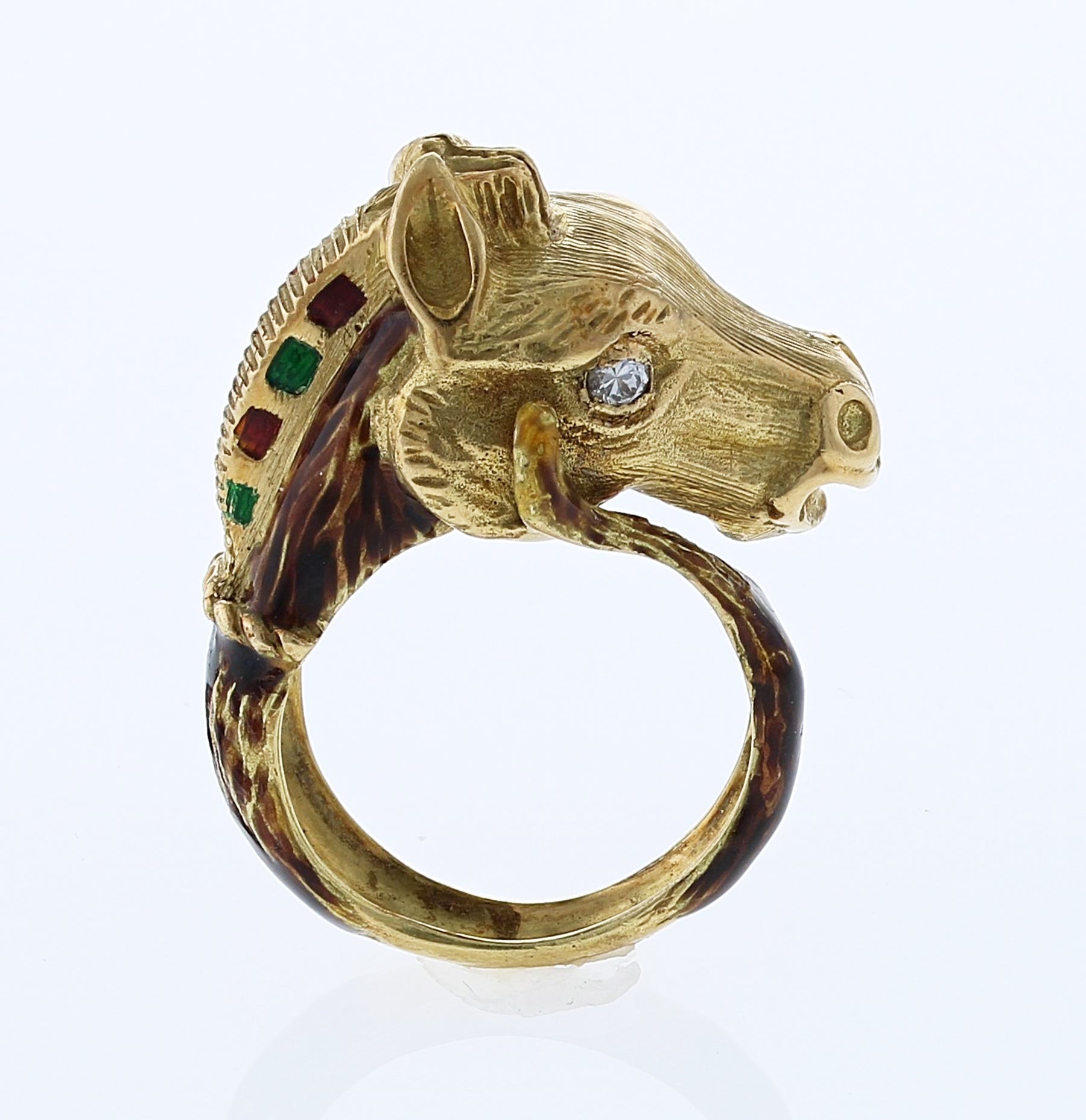 18kt Yellow Gold Custom Made Enamel Horse Head Ring With Diamond Eyes