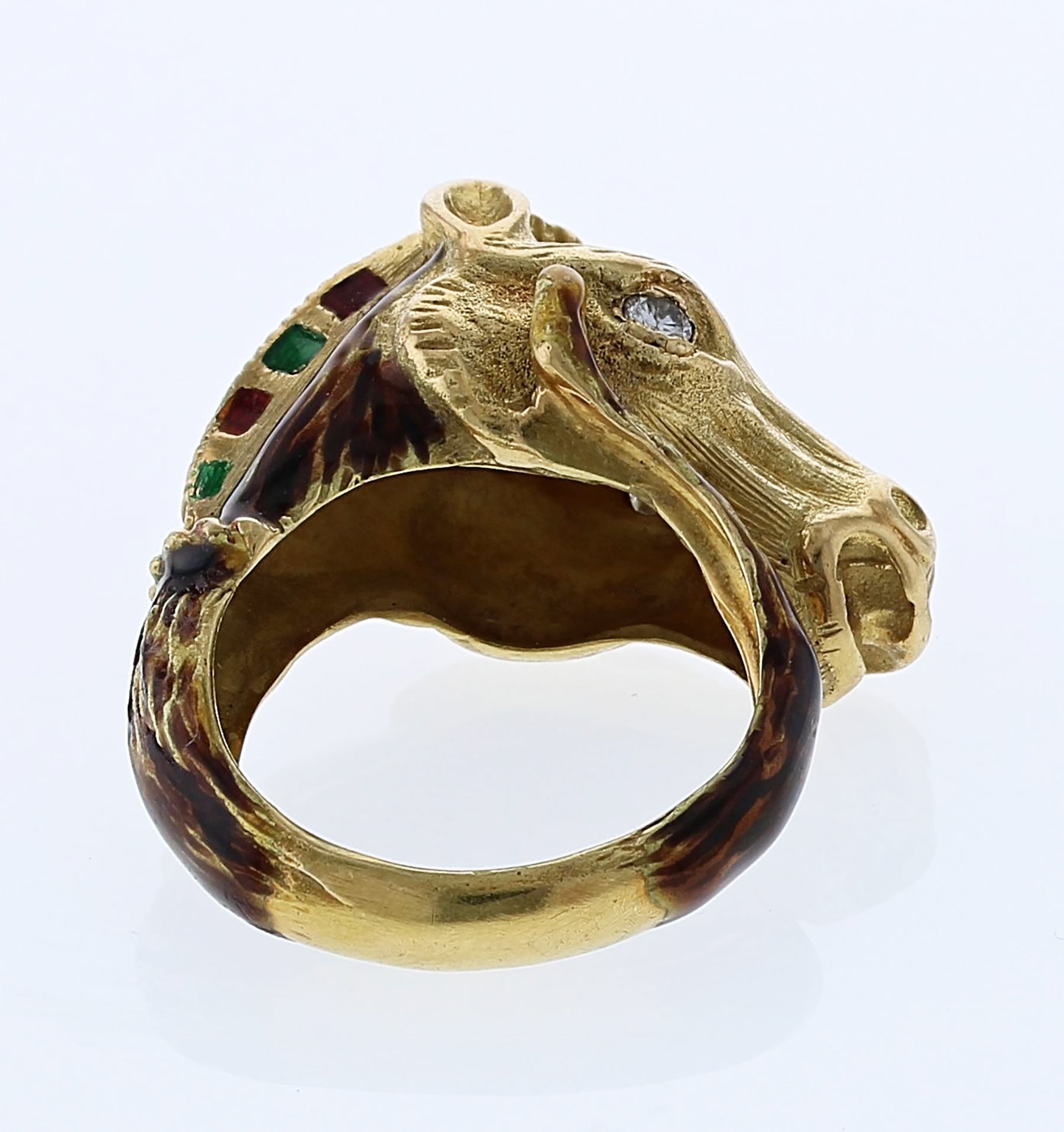 18kt Yellow Gold Custom Made Enamel Horse Head Ring With Diamond Eyes