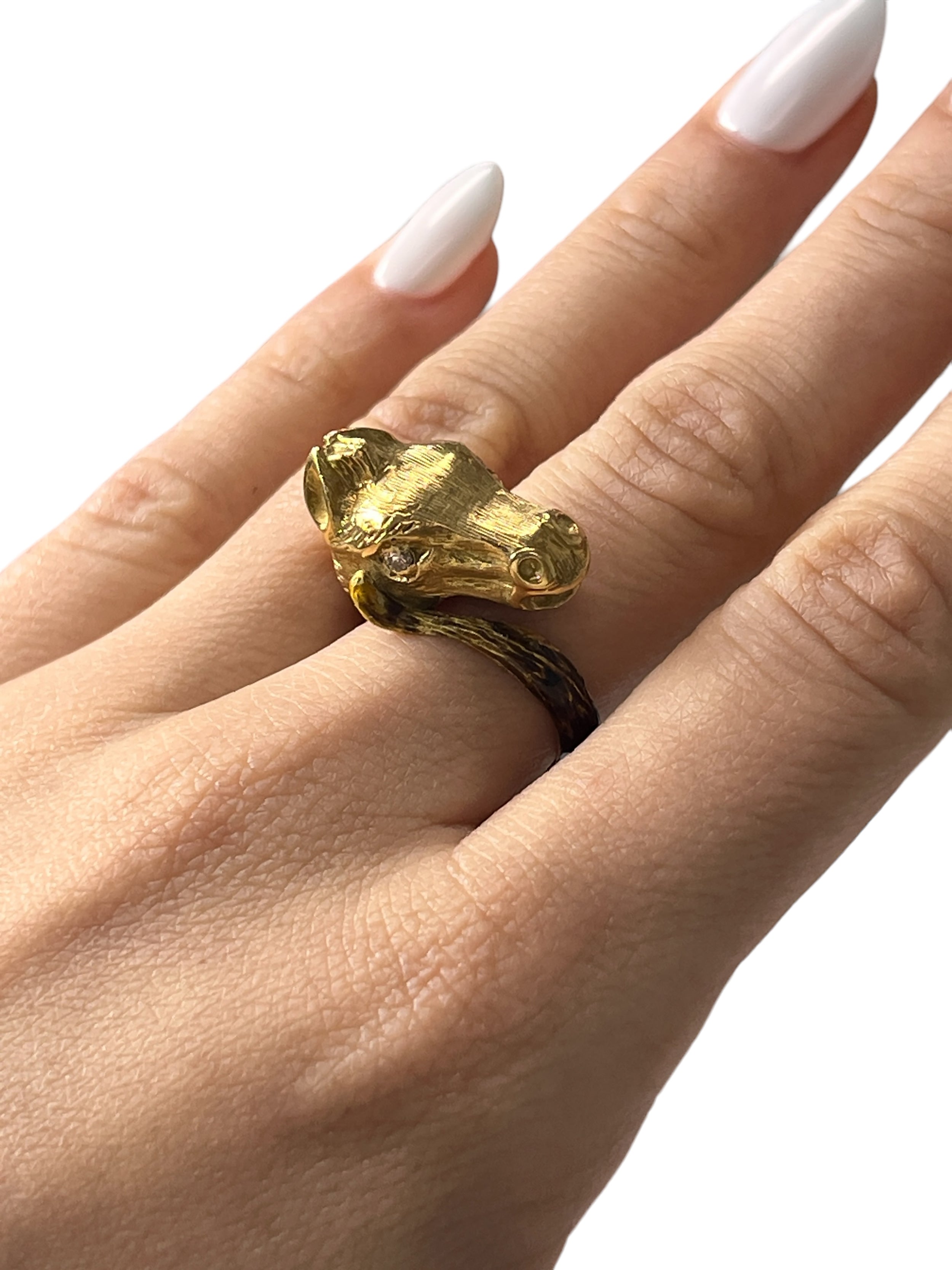 18kt Yellow Gold Custom Made Enamel Horse Head Ring With Diamond Eyes