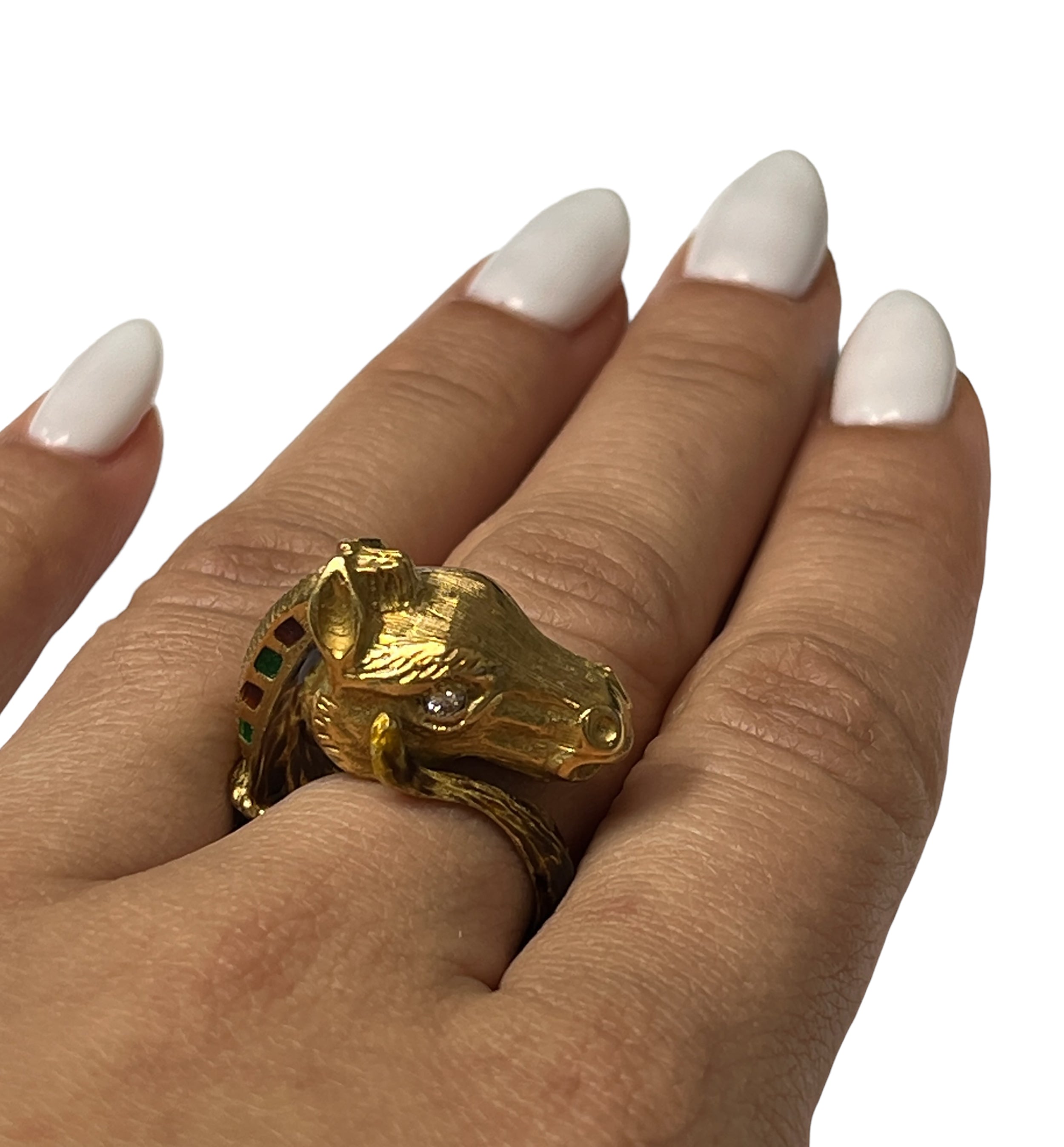 18kt Yellow Gold Custom Made Enamel Horse Head Ring With Diamond Eyes