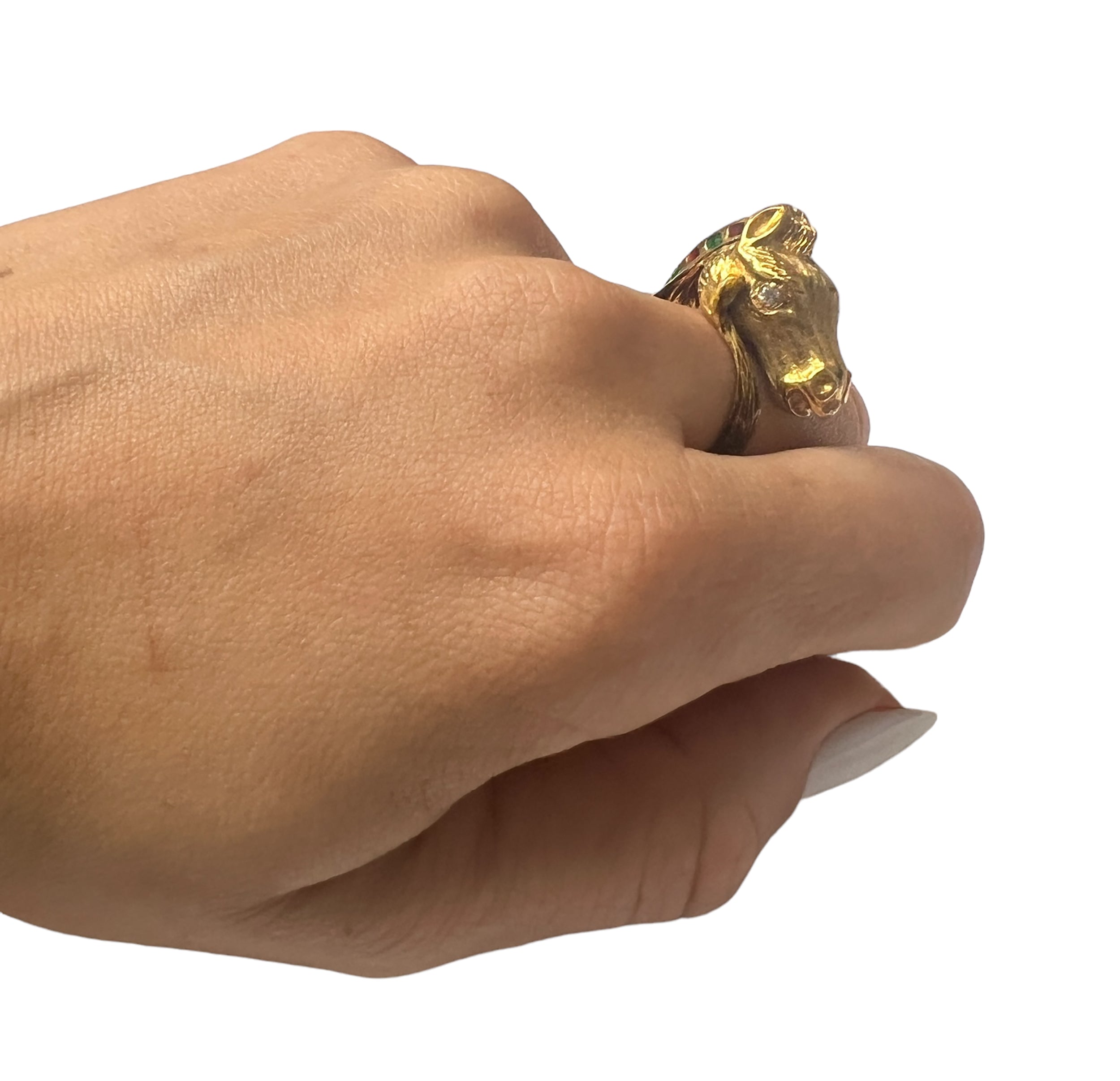 18kt Yellow Gold Custom Made Enamel Horse Head Ring With Diamond Eyes