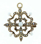 14KT Yellow Gold  Vintage Flower Design Seed Pearl Pendant/Brooch