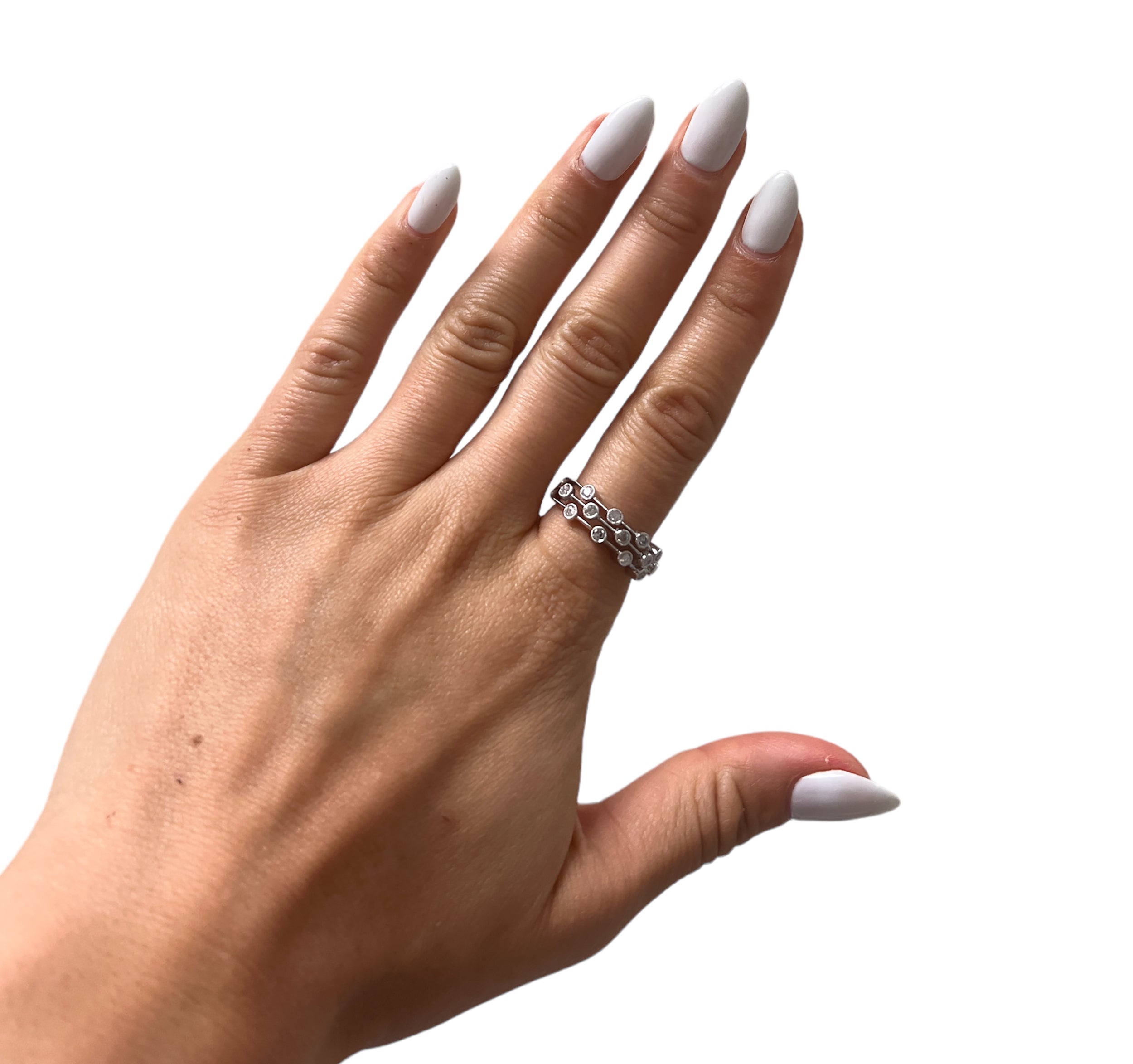 14K White Gold 3 Row Ring With Diamonds