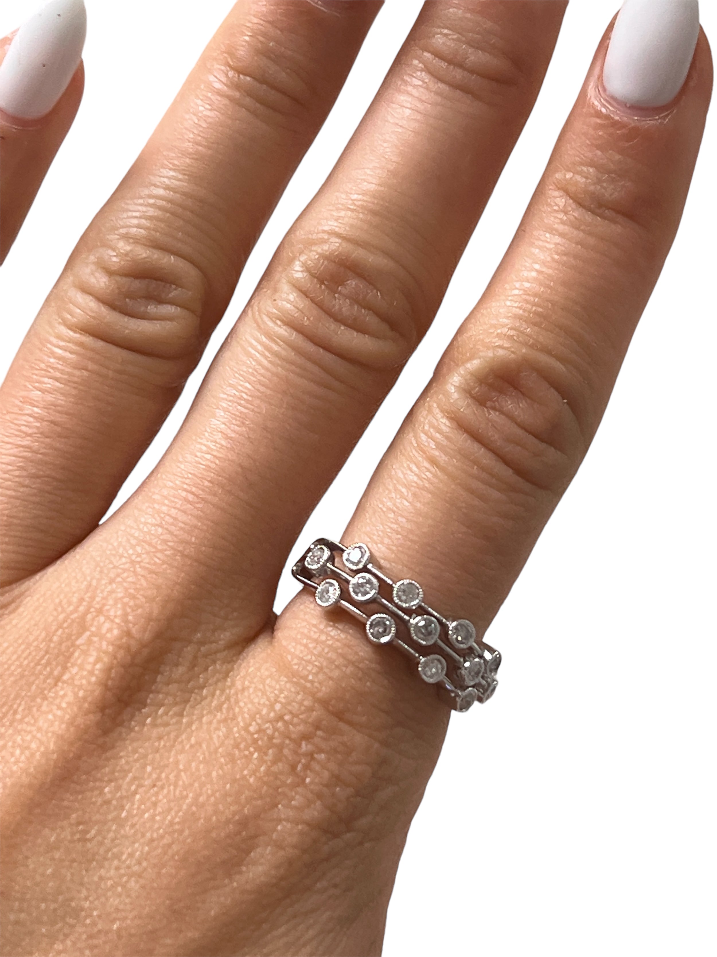 14K White Gold 3 Row Ring With Diamonds