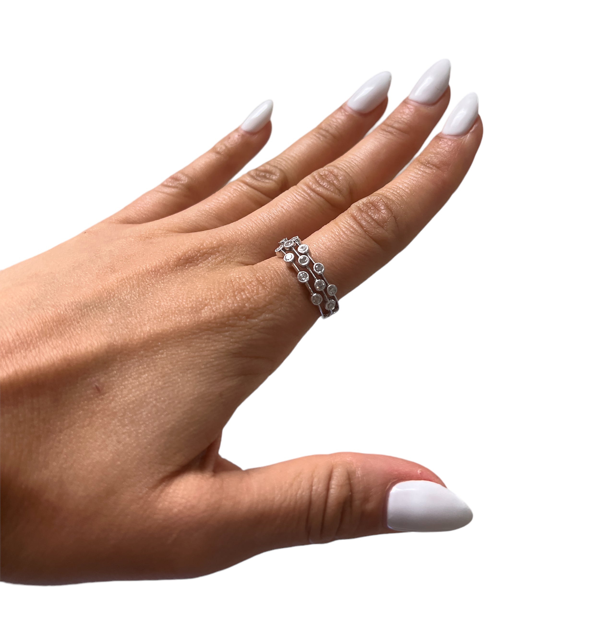 14K White Gold 3 Row Ring With Diamonds