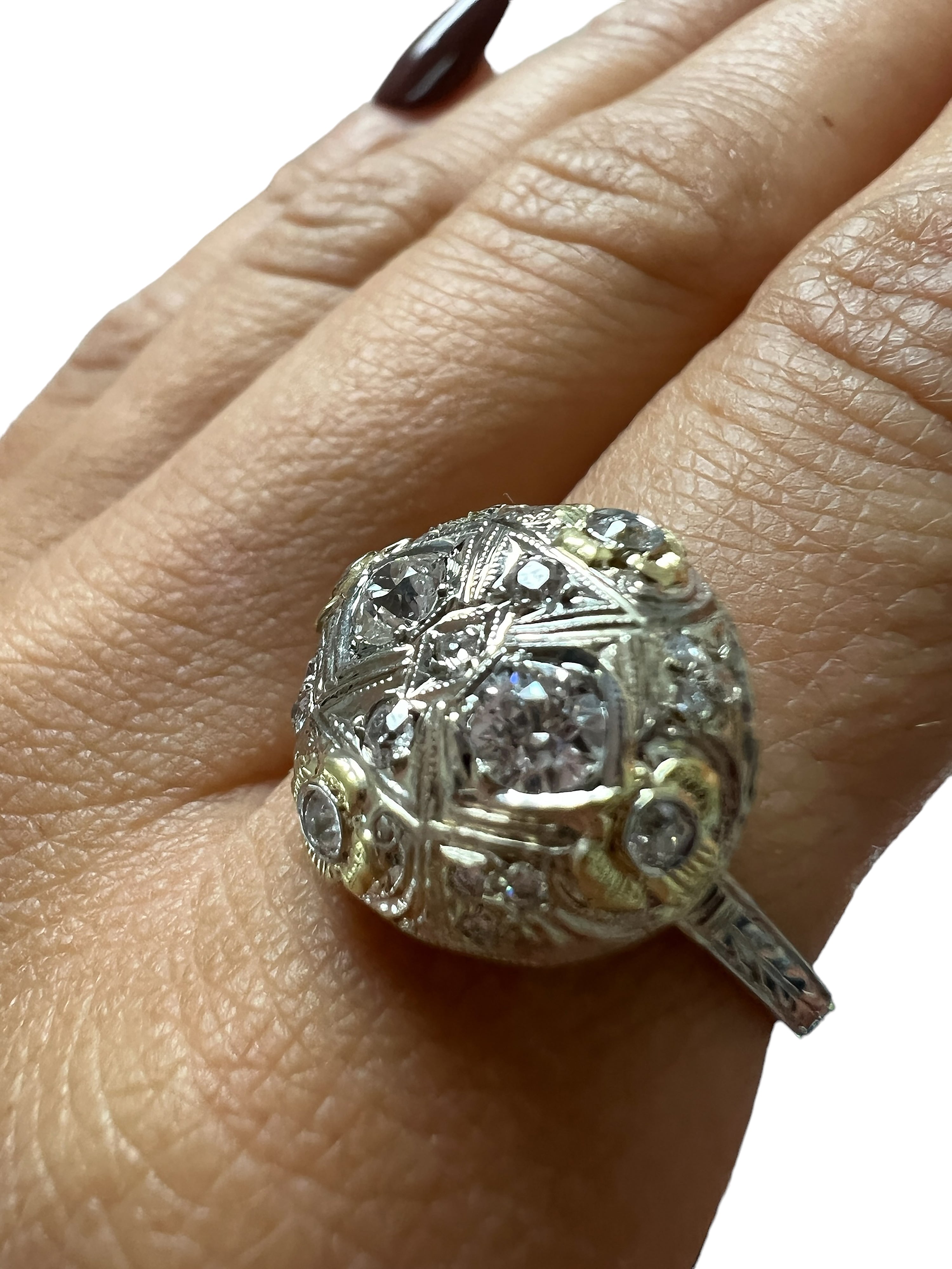 14kt White and Yellow Gold Approx. 0.54ctw European Cut Diamond Dome Ring