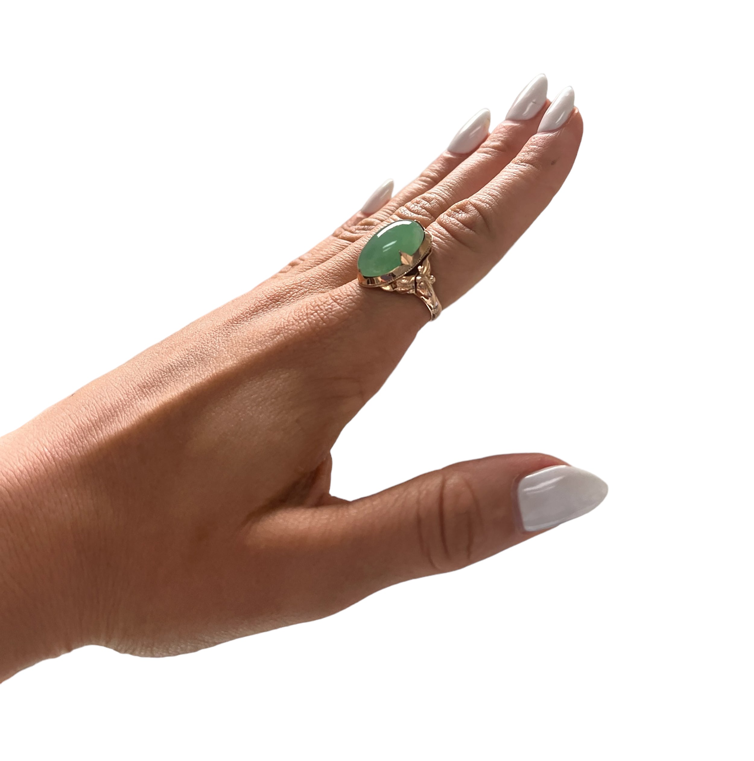 14KT Rose Gold Jadeite Green Oval Cabochon Ring Size 6
