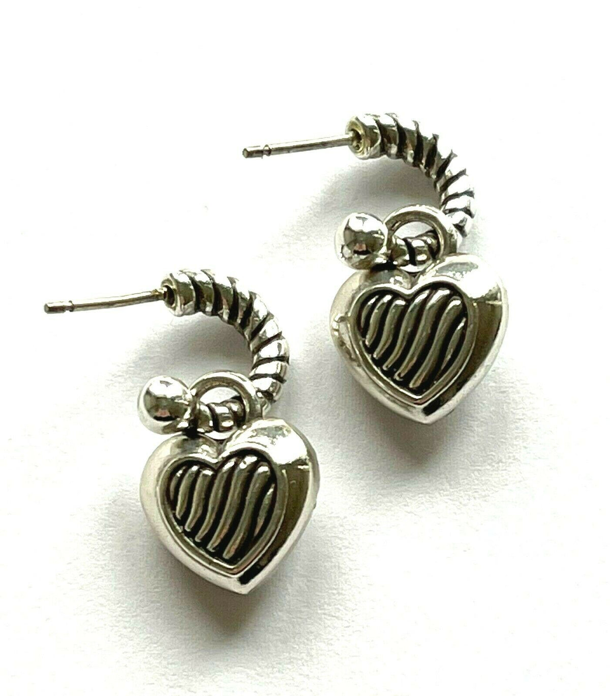 Silver Plated CZ Puffed Heart Drop Hoop Earrings