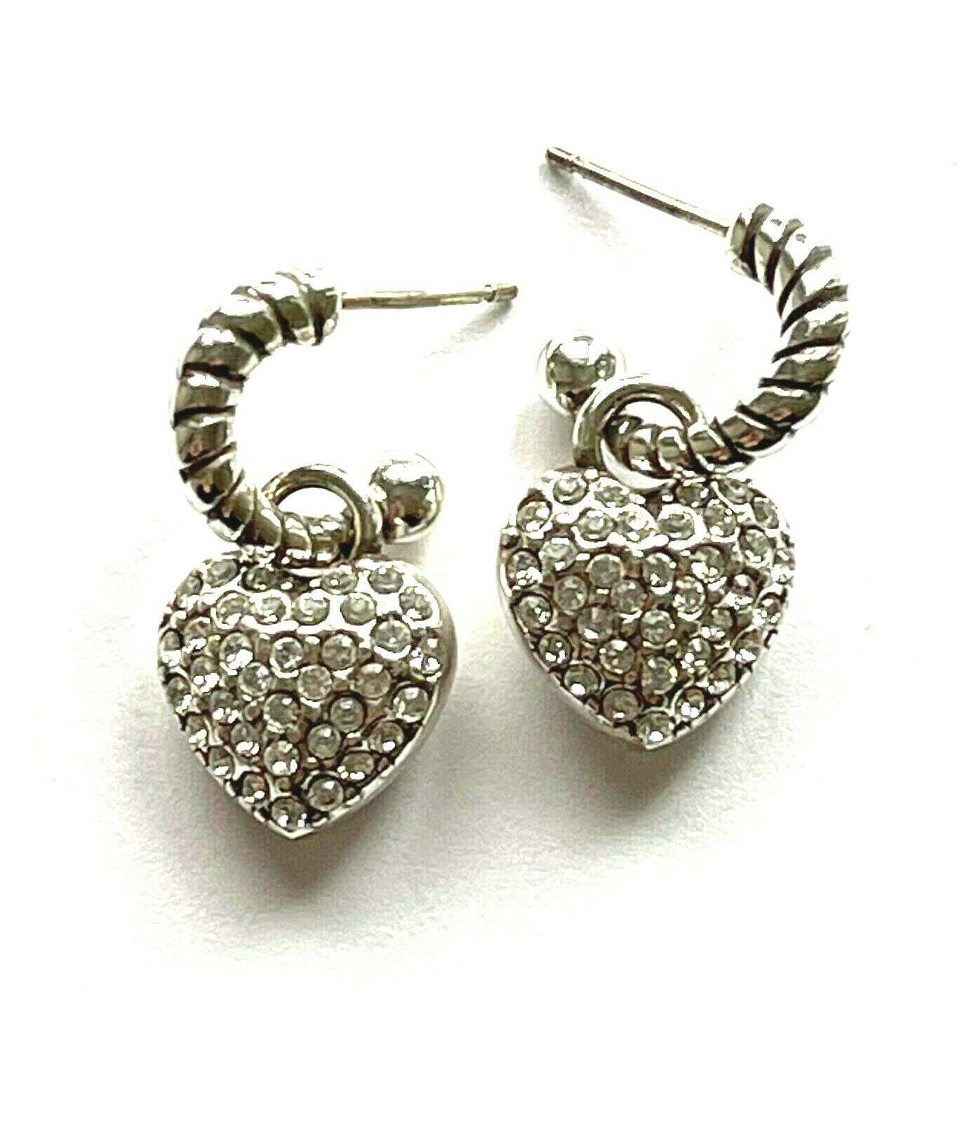 Silver Plated CZ Puffed Heart Drop Hoop Earrings