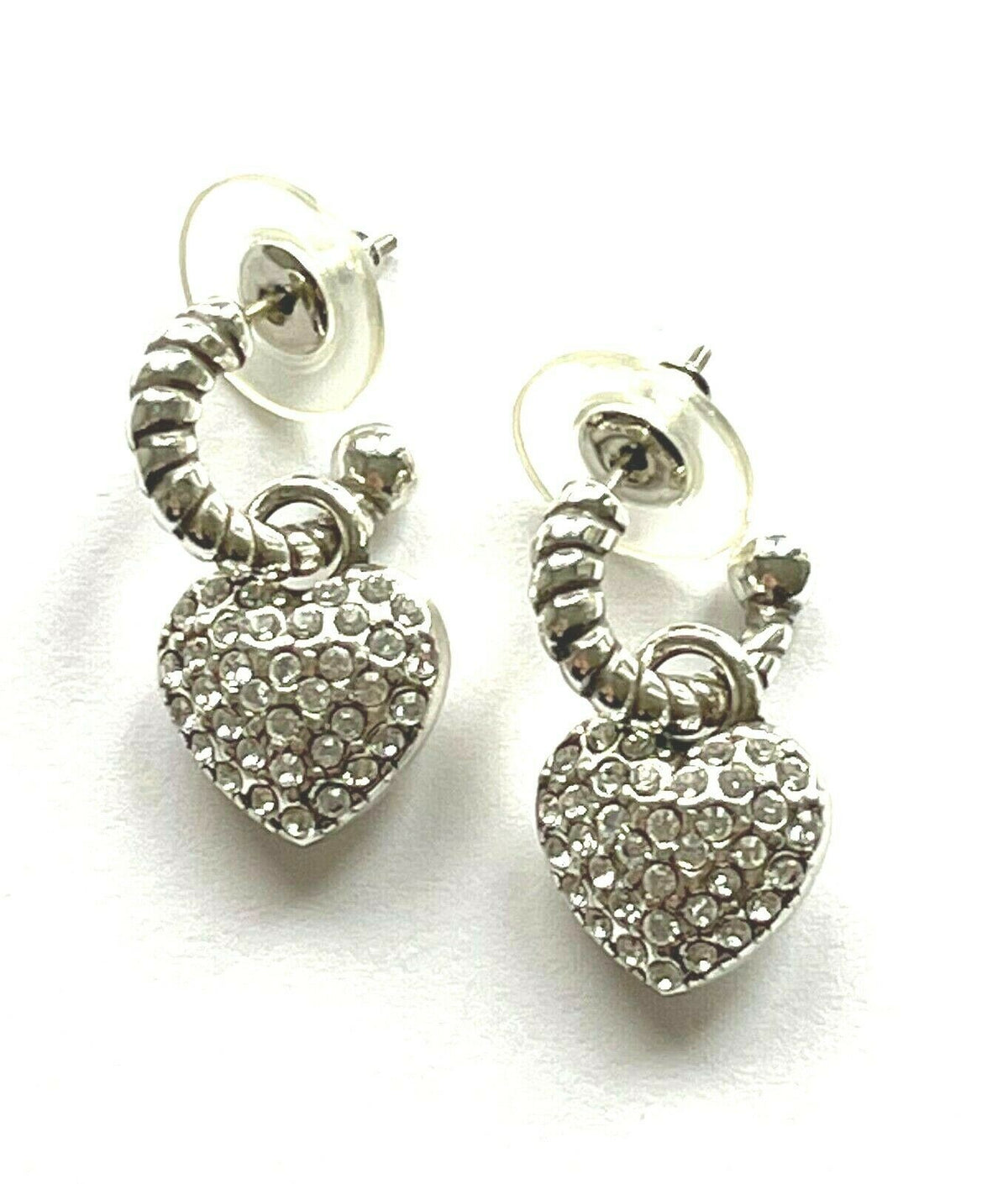 Silver Plated CZ Puffed Heart Drop Hoop Earrings