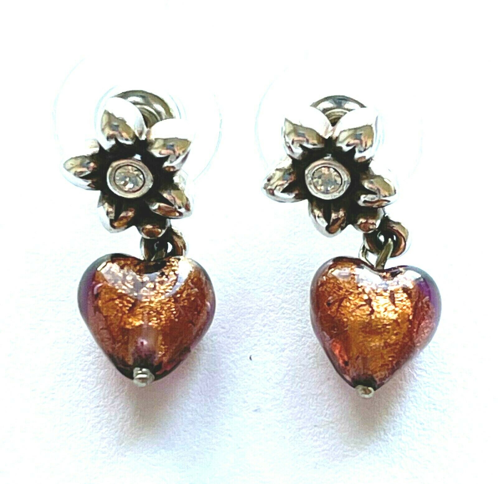 Silver Plated Flower Crystal Center with Drop Dangle Murano Glass Heart Earrings