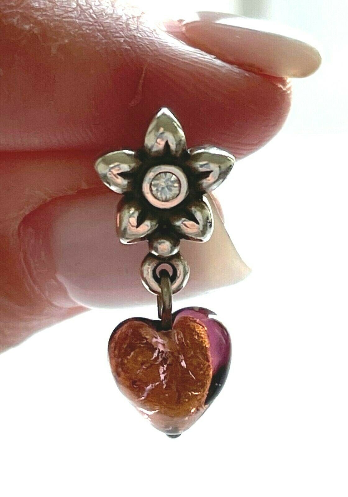 Silver Plated Flower Crystal Center with Drop Dangle Murano Glass Heart Earrings