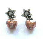 Silver Plated Flower Crystal Center with Drop Dangle Murano Glass Heart Earrings