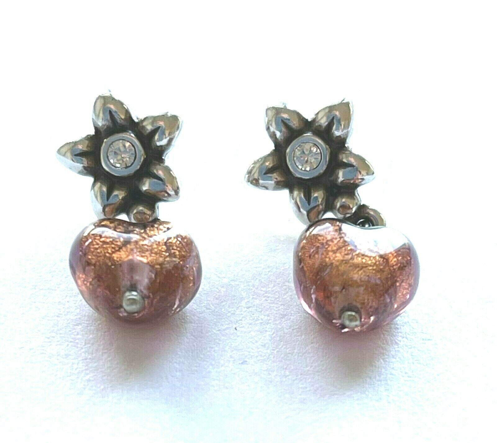 Silver Plated Flower Crystal Center with Drop Dangle Murano Glass Heart Earrings