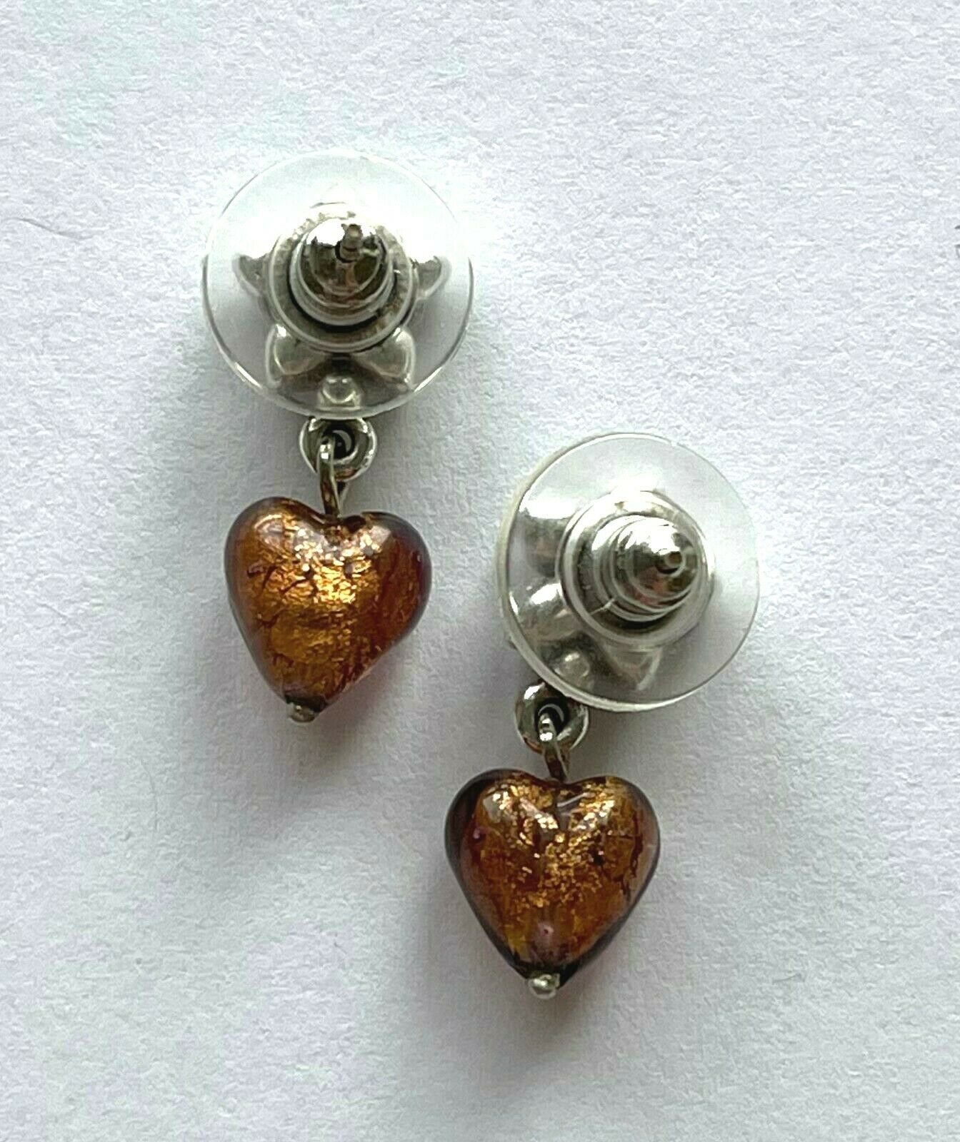 Silver Plated Flower Crystal Center with Drop Dangle Murano Glass Heart Earrings