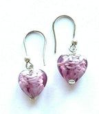 Murano Glass Purple Puffed Heart Drop Dangle Silver Plated Hook Earrings