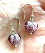Murano Glass Purple Puffed Heart Drop Dangle Silver Plated Hook Earrings