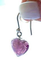 Murano Glass Purple Puffed Heart Drop Dangle Silver Plated Hook Earrings