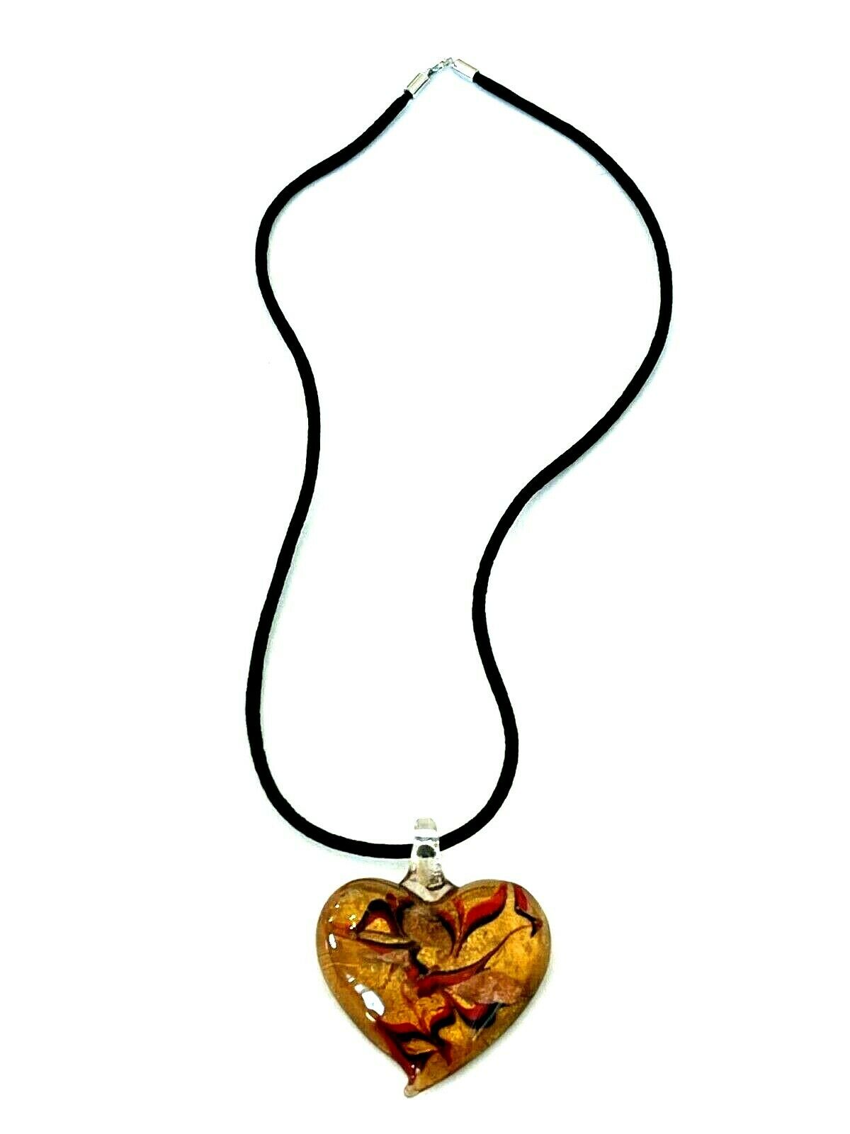 Venetian Murano Glass Gold Foil Inside with Red and Black Puffed Heart Necklace